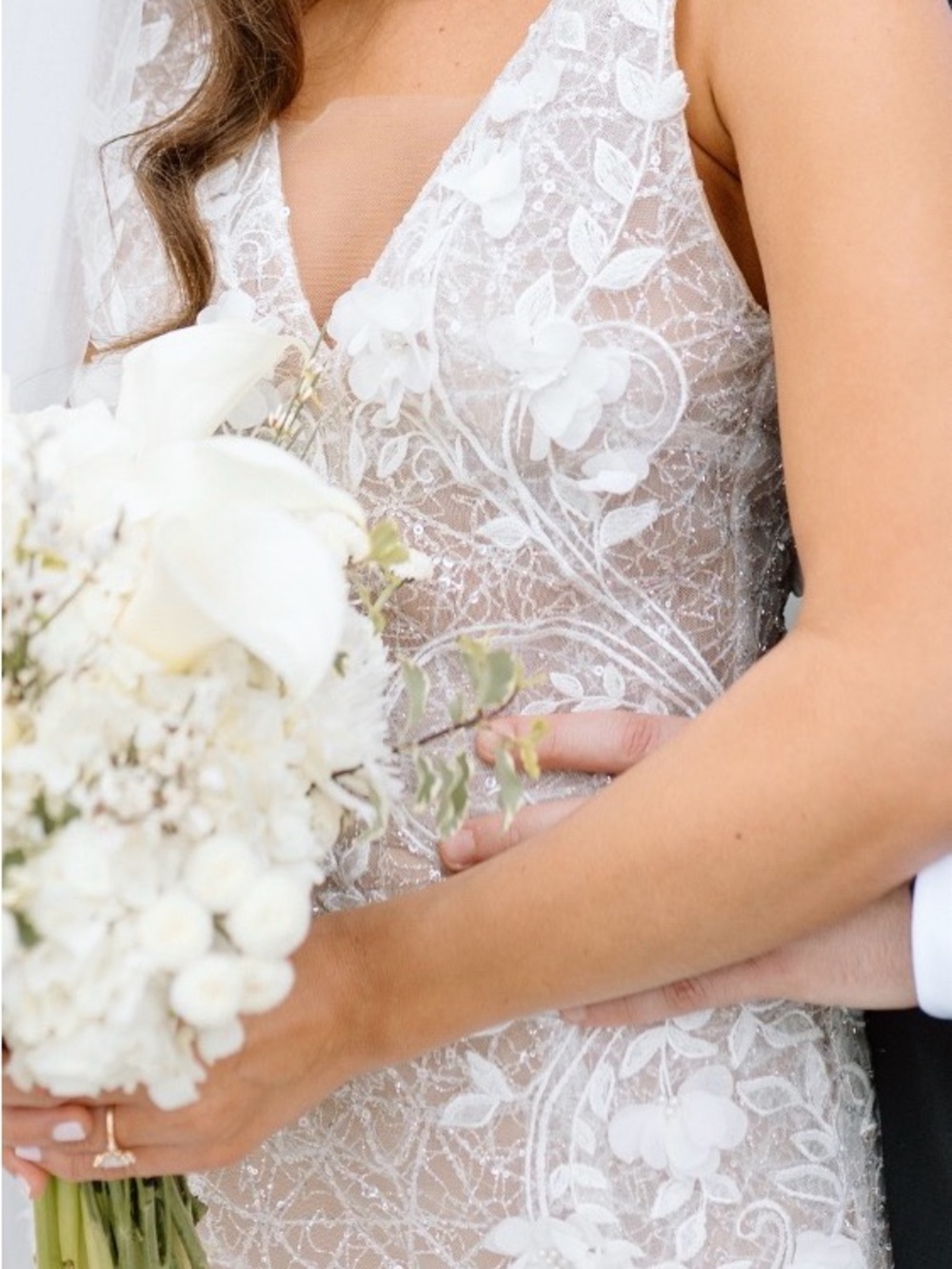 DESIGNER Embroidered Illusion V-Neck Wedding Dress - White